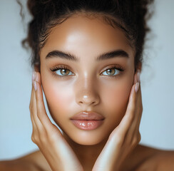 Wall Mural - Beautiful young woman with perfect, clean, fresh skin touching her face and smiling, isolated on a white background.