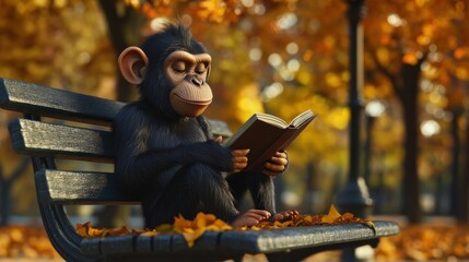 Wall Mural - A chimpanzee sits on a park bench, reading a book amidst autumn leaves.