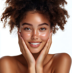 Wall Mural - Beautiful young woman with perfect, clean, fresh skin touching her face and smiling, isolated on a white background.