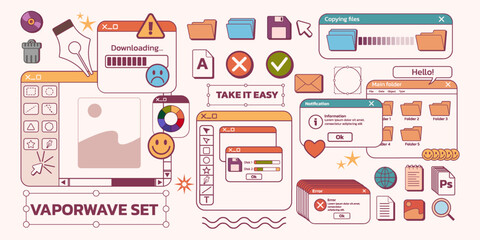 Fototapete - Retro interface. Windows web design. Vintage 90s UI screen or game graphics digital template. Document folder. Error message. Computer old buttons. Browser dashboard. Vector background