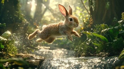 Poster - A cute brown bunny rabbit leaping over a small stream in a lush green forest.