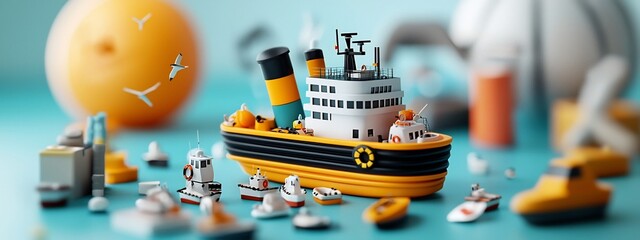 Poster - A 3D rendered infographic visualizing and comparing the frequencies of different types of accidents occurring in a maritime or nautical context  The image depicts various vessels ships