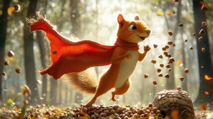 Poster - A cute squirrel superhero in a red cape runs through an autumn forest, collecting nuts.