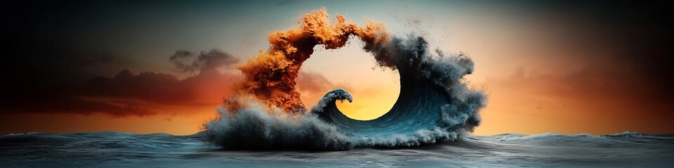 Poster - A captivating 3D digital artwork that showcases the powerful dramatic and ever changing nature of movements with a surreal and visionary landscape of fire water and celestial elements