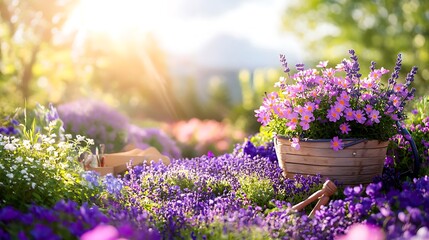 Wall Mural - sunlit garden scene with purple flowers in wooden pot, gardening tools.