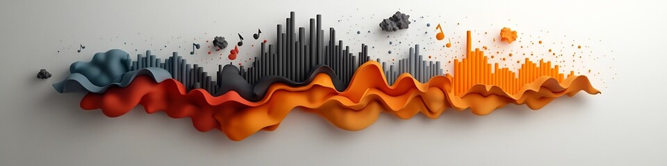 Poster - Vibrant 3D Rendered Digital Artwork Visualizing the Frequency of Occurrence of Different Musical Genres through a Dynamic Wave like Data Visualization