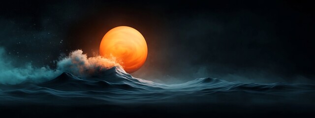Poster - Dramatic of a wave packet propagating through a moody atmospheric oceanic landscape at sunset or sunrise with a fiery sun and dynamic swirling clouds in the sky