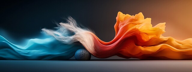 Poster - depicting the dynamic interaction of a wave packet with an obstacle resulting in the diffraction and of the waveform into different frequencies and colors  The image showcases the fluid energetic