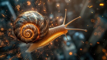 Wall Mural - A fast snail with golden shell and sparks.