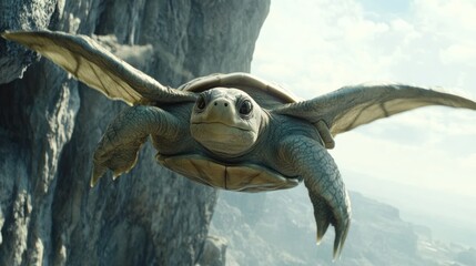 Wall Mural - A flying turtle soars past a rocky cliff face, wings outstretched against a bright sky.