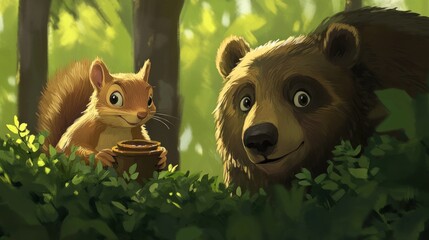 Poster - A friendly bear and squirrel share a moment in a sun-dappled forest.