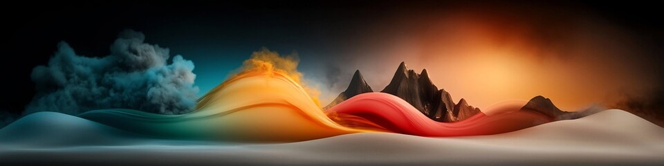 Poster - Captivating depicting the dynamic propagation of a wave through a fantastical surreal landscape with undulating mountains vibrant gradients and a dreamlike atmosphere