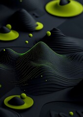 Poster - Pulsating Green Geometric Landscape in Eerie Black Backdrop 3D Render