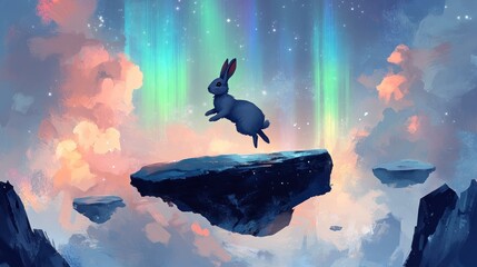 Poster - A grey rabbit leaps between floating rocks in a dreamy, colorful sky filled with aurora borealis.