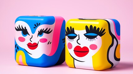 Sticker - Two colorful cube-shaped figurines with stylized female faces, positioned against a pink background.