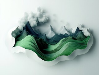 Poster - Transcendent Abstract Mountainous Landscape with Radiant Green Linear Structures in Dark Void