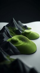 Poster - Enigmatic Abstract Mountainous Terrain with Radiant Green Linear Elements on Shadowy Dark Background