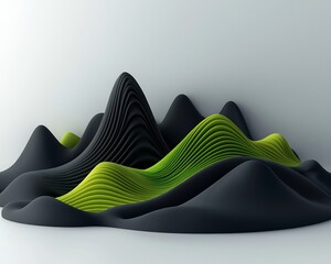 Poster - Captivating Monochrome Dreamscape with Radiant Green Structures and Undulating Textured Mountains