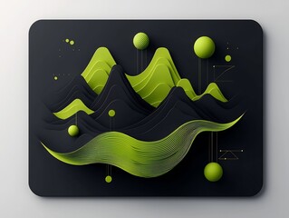 Poster - Dreamlike Abstract Landscape with Cascading Green Lines  Spherical Elements  and Geometric Mountain Formations
