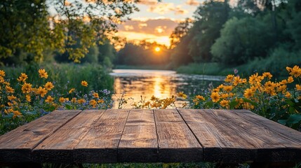 Wall Mural - Wooden table, river, sunset.