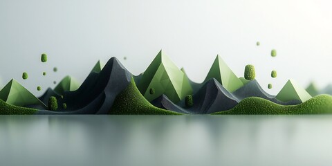 Poster - Moody Shadowy Geometric Mountainous Landscape with Shimmering Green Compositions