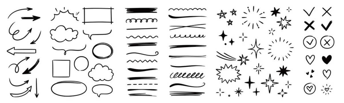 Line arrow hand drawn shape brush underline stroke element vector set. Hand drawn doodle sketch arrow, circle, star brush stroke scribble underline icon. Marker doodle sketch vector illustration