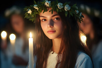 Wall Mural - girl with wreath crown and white robe holding candle for saint lucia's day or saint lucy's day
