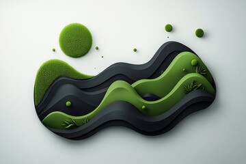 Poster - Dark Geometric Structures Sculpting Flowing Green Organic Shapes on Plain White Backdrop