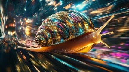 Wall Mural - A iridescent snail racing through a vibrant, neon light trail.