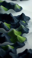 Leinwandbilder - Enigmatic Abstract Mountainous Landscape with Radiant Green Linear Elements in Shadowy 3D Digital Environment