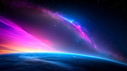 Canvas Print - Vibrant nebulae arc over Earth's horizon, cosmic sunrise.