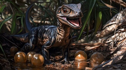 Canvas Print - A juvenile dinosaur stands near its eggs in a lush, prehistoric environment.