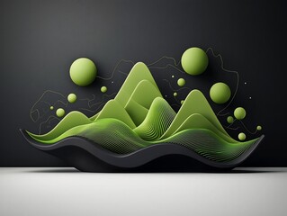 Poster - Dreamlike Geometric Mountain Landscape with Cascading Green Spheres and Waves
