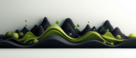 Poster - Surreal Geometric Landscape with Undulating Mountain Silhouettes and Luminous Green Shapes