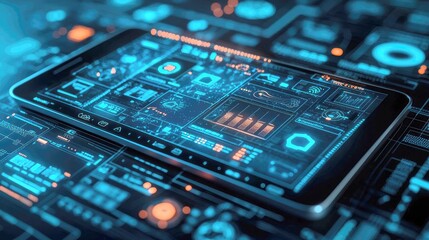 Poster - Futuristic Technology Interface: Digital Tablet with Abstract Data and Network Visuals