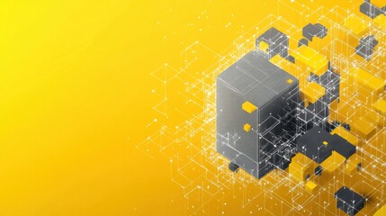 Poster - Abstract Digital Network System: Interconnected Cubes and Nodes on Yellow Background