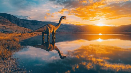 Sticker - A long-necked dinosaur stands by a calm lake at sunset, its reflection mirrored in the water.