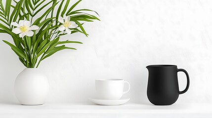 Canvas Print - White vase with flowers, white cup and saucer, black pitcher on white marble background.