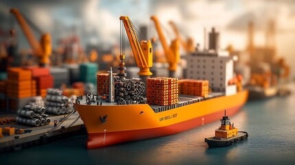 Poster - Massive Cargo Ships Docked at Bustling Port Cranes Meticulously Loading and Unloading Specialized Equipment for Offshore Oil Platforms