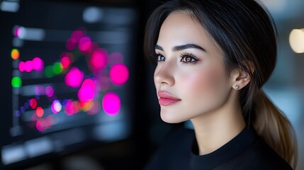 Poster - Woman thoughtfully looking away from a computer screen displaying data visualization.