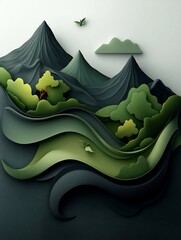 Poster - Ominous Dark Mountainous Landscape with Flowing Green Structures in Minimalist 3D Artwork