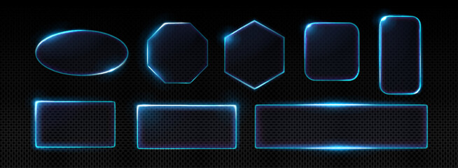 Poster - neon glass frames collection with glowing blue light edges and transparent surfaces. various geometr