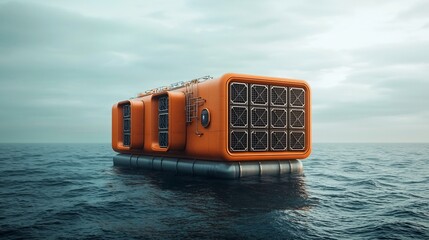 Poster - Offshore Data Center Housed in a Metallic Barge Retrofuturistic Solarpunk Aesthetic in a Maritime Environment