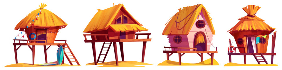 Tropical beach bungalow set - thatched roof stilt houses with wooden platforms and ladders. Summer coastal dwellings with surfboards, colorful flags, round windows for seaside resort design.