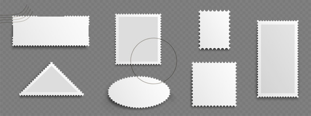 Poster - Postage stamps set isolated on transparent background. Vector realistic illustration of blank square, rectangle, triangle, oval shape paper stickers for postcard, envelope, parcel, mail delivery