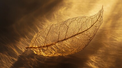 Poster - A translucent leaf, illuminated by warm, golden light, rests on a textured surface.