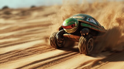 Wall Mural - A turtle-shaped car speeding across a sandy desert, kicking up dust.