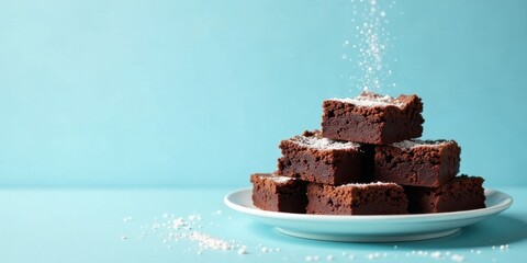 Wall Mural - A Delicious Stack of Chocolate Brownies Dusted with Powdered Sugar on a Light Blue Background