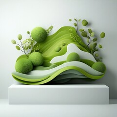 Poster - futuristic green holographic landscape with innovative 3d modelling and minimalist white stage