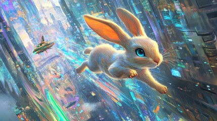 Canvas Print - A white rabbit leaps through a vibrant, futuristic cityscape with flying vehicles.